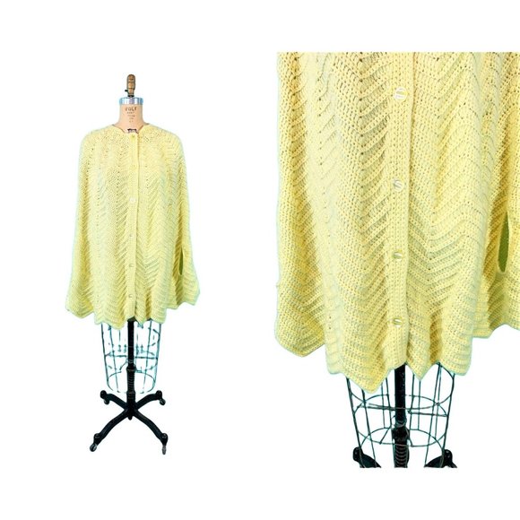 Vintage 1960s Crochet Cape Yellow Chevron Knit Button Down Sweater - Picture 1 of 10